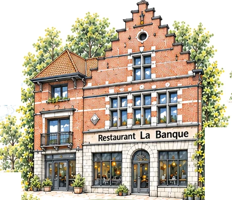 Croquis de la façade en briques de La Banque, place Roger de Le Pasture à Tournai